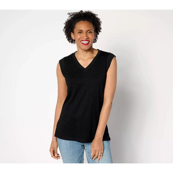 Belle by Kim Gravel Mixed Media Slub Ribbed V Neck Top Black 3X A646294 - Picture 1 of 1